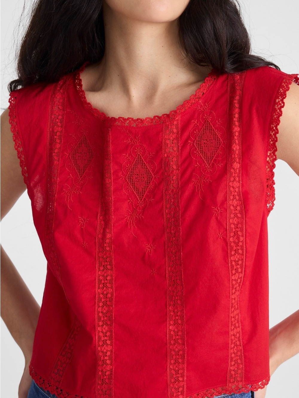 NWT Madewell Lace-Trimmed Embroidered Tank Top in Red XS
